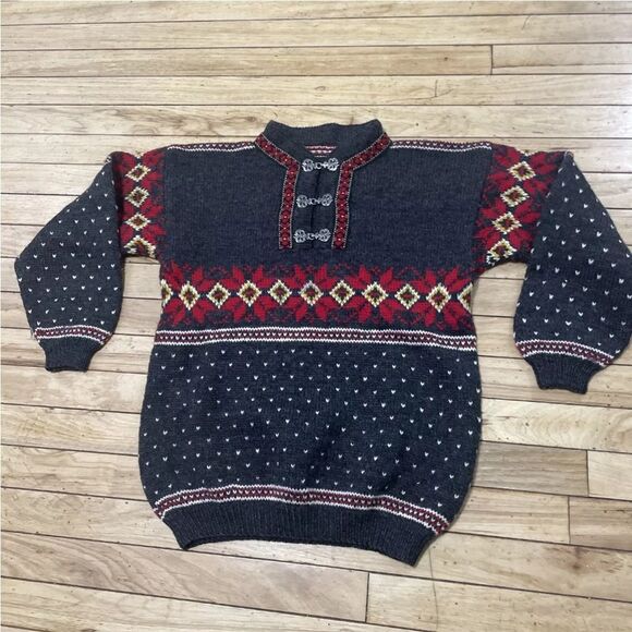 Vintage 80s 90s Wool Sweater Womens M FairIsle Winter Nordic Floral Gray Metal - Picture 13 of 16
